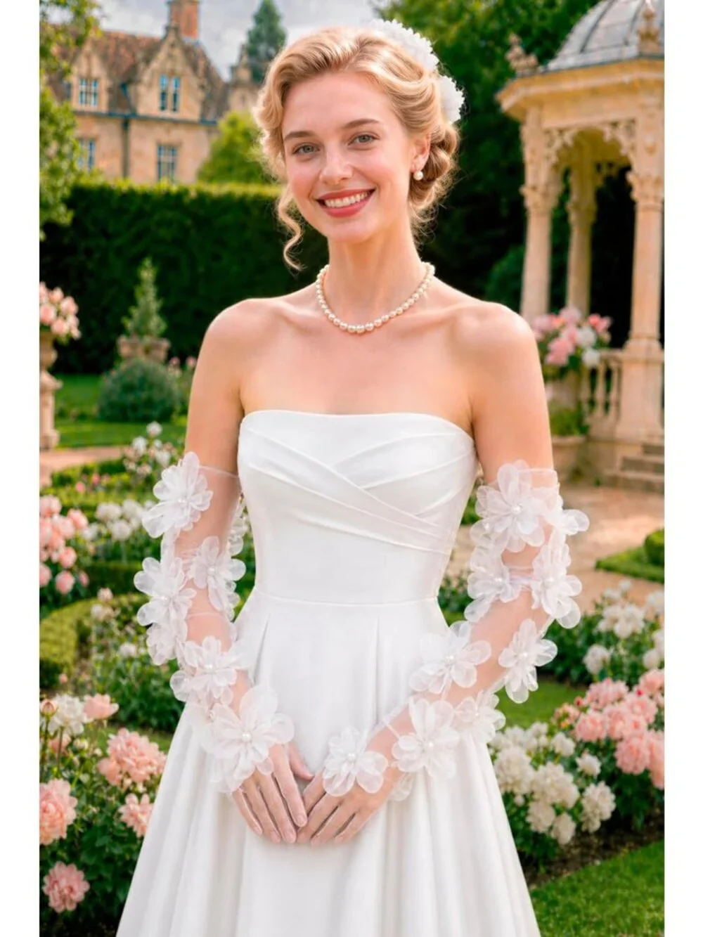 Elegant Long Tulle Mesh Gloves for Women | 3D Floral Tea Party Accessories